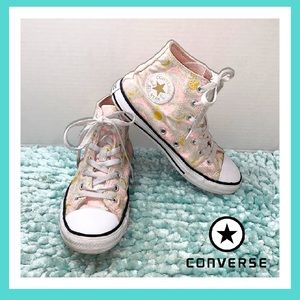 Chuck Taylor Converse Pink White & Gold Moon Stars Hi Top Canvas Sneakers Size 2